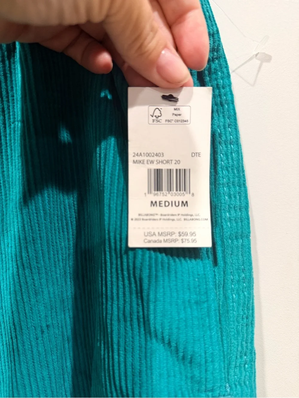 Billabong Mike Elastic Waist Corduroy Shorts Teal Men’s Medium NWT